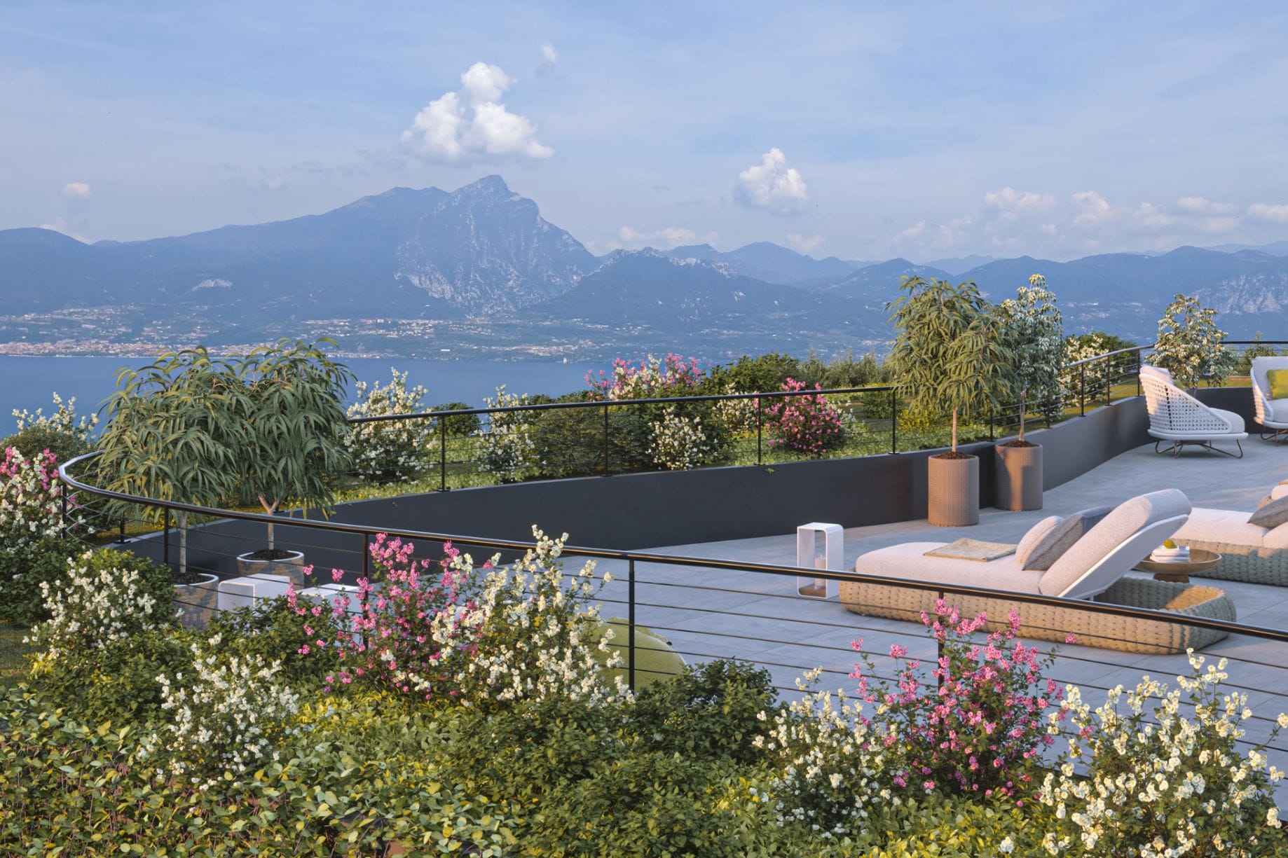 Modern terrace with views onto Lake Garda.
