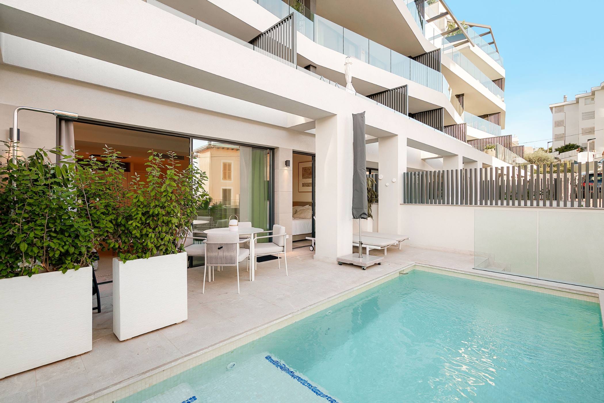 Modern terrace with pool of an apartment in Mallorca.