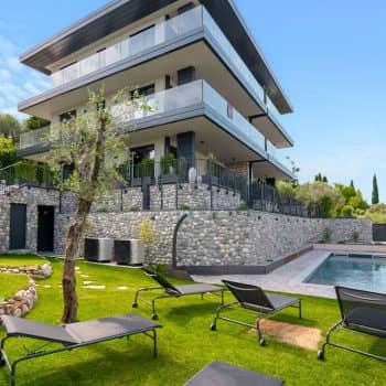 Modern apartment building by Lake Garda in Italy.