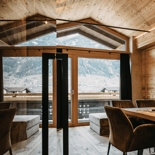 Modern living room of a chalet in Austria.