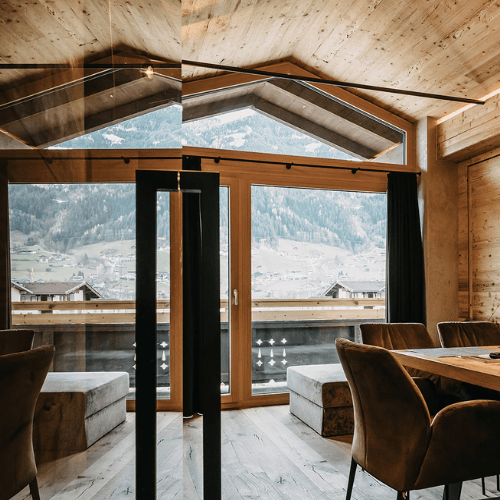 Modern living room of a chalet in Austria.