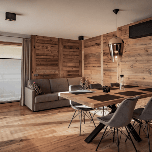Modern living room of an alpine apartment in Austria.